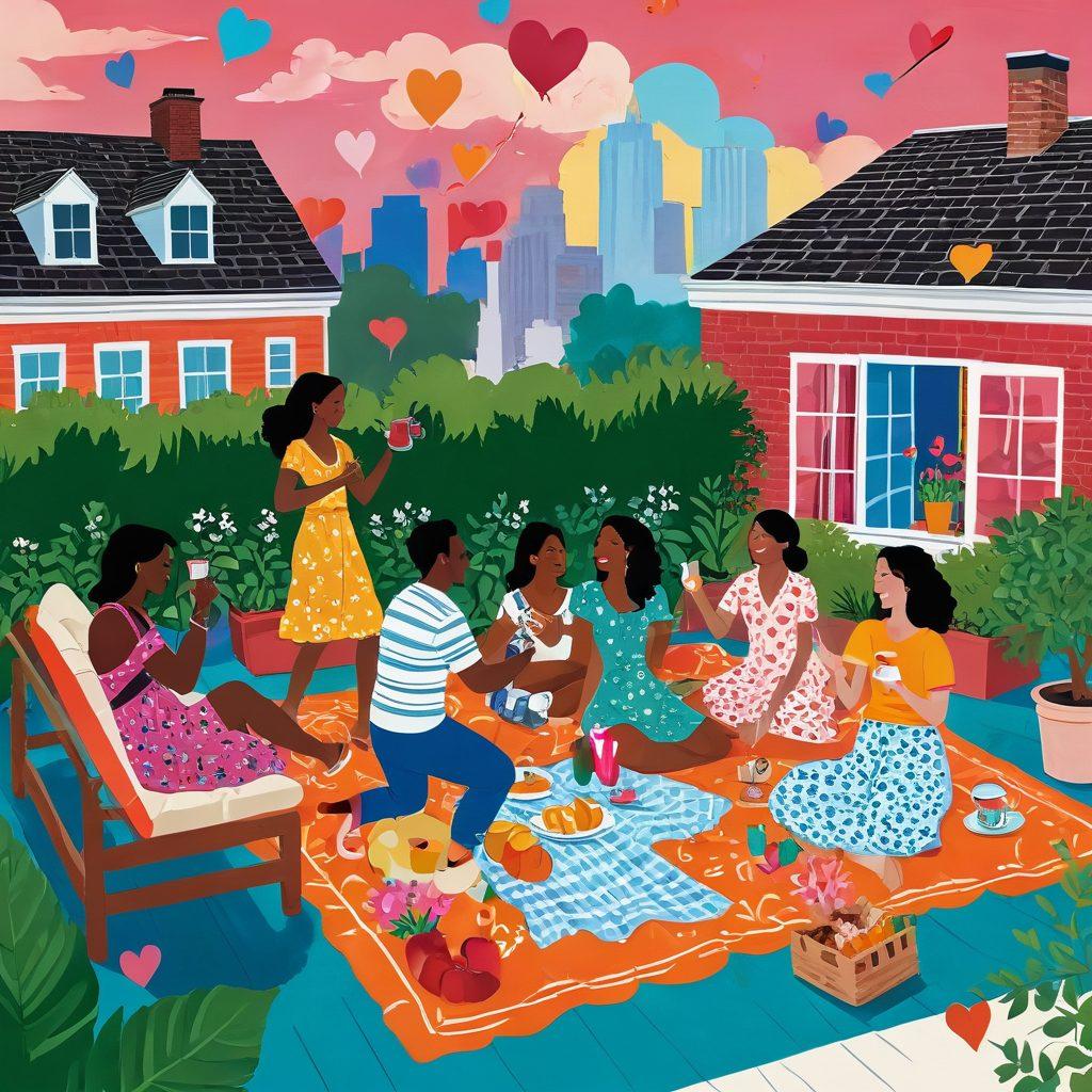 A whimsical and playful illustration featuring a diverse group of couples in various offbeat relationship scenarios, like a picnic on a rooftop, a dance party in pajamas, and an outdoor art class, surrounded by surreal elements like oversized flowers and colorful, floating hearts. The atmosphere should feel lively and adventurous, capturing the essence of fun and exploration in love. Vibrant colors. playful style.
