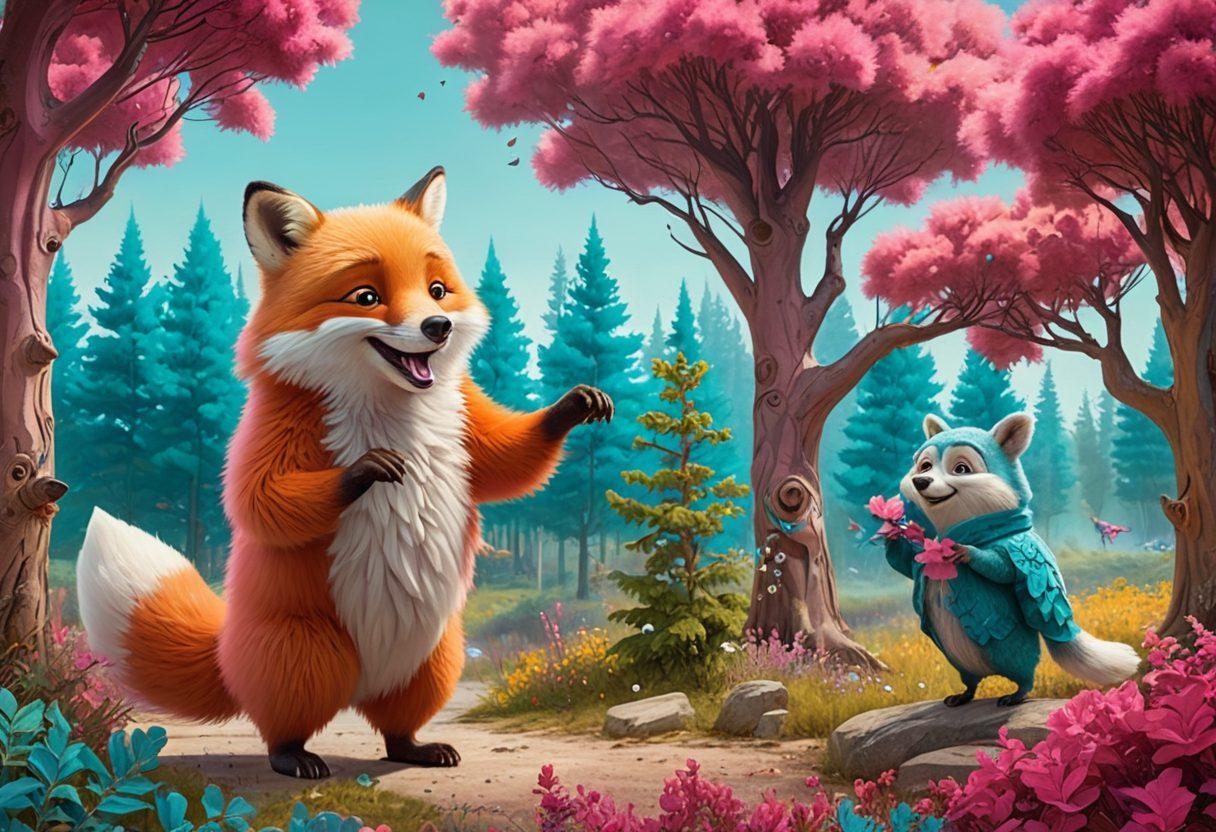 A whimsical, surreal landscape featuring a diverse group of quirky characters engaging in unconventional relationships—think anthropomorphic animals in playful interactions and humorous poses. The background should have colorful trees and vibrant plants, creating a lively atmosphere infused with laughter. Integrate elements of adult humor subtly, like comedic signs or playful caricatures. Emphasize a lighthearted, carefree vibe to match the blog's theme. vibrant colors. surreal style. playful caricature.