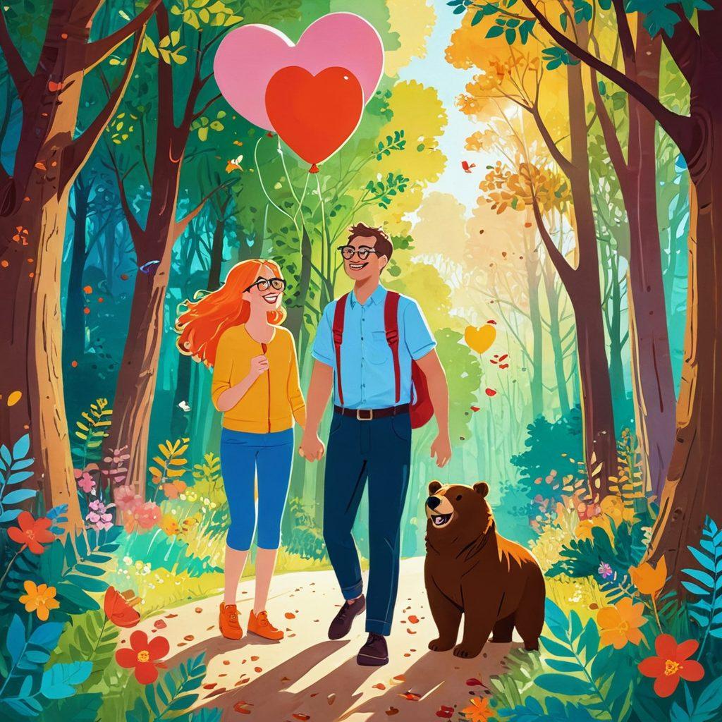 A whimsical illustration of two adults, laughing together in a lush, vibrant forest setting, surrounded by playful animals mimicking their expressions. The backdrop features colorful flowers, softly fluttering leaves, and dappled sunlight creating a warm atmosphere. Incorporate elements of humor, like a bird wearing glasses or a bear holding a heart-shaped balloon, to reflect love and life. cartoon style, vibrant colors, playful details.